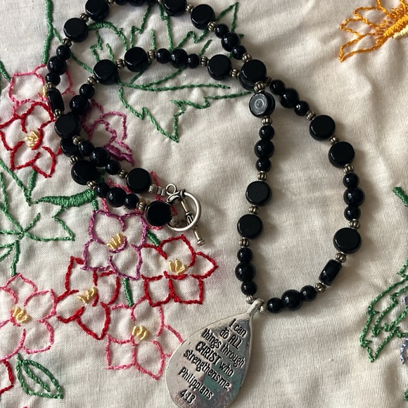 Inspirational religious pendant on natural stone beaded necklace. Toggle clasp - Picture 4 of 5